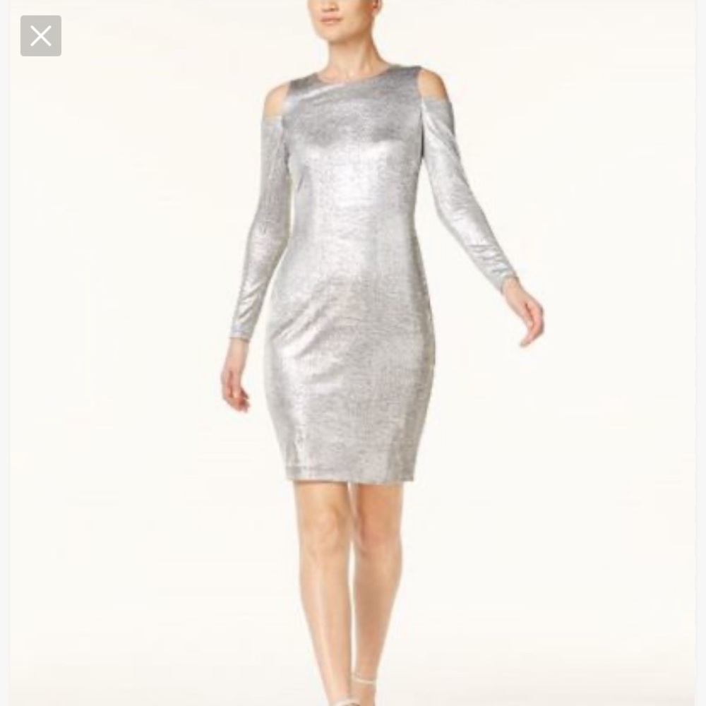 Calvin Klein Dress Silver Metallic Cold Shoulder